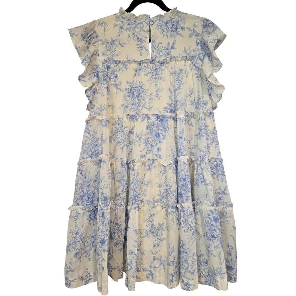 Talmlah Blue Toile Floral Tiered Ruffle Midi Dress L Cottagecore - Picture 3 of 10